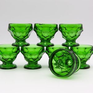 Vintage MCM Viking Glass &quot;Georgian&quot; Emerald Green Tall Sherbet Dishes| Dark Green Dessert Coupes | Forest Green Champagne Glasses | Set of 7