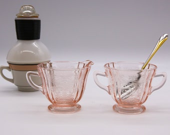 Vintage Pink Glass Cream and Sugar Set in Recollections Madrid Pattern By Indiana Glass