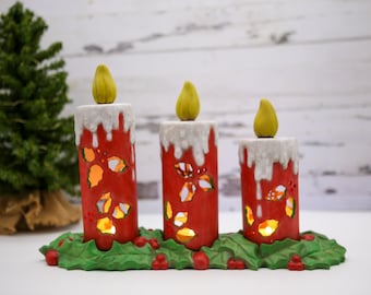 Vintage Handmade Ceramic Christmas Candles and Base |Three Piece Luminaries Set| Folk Art Holiday Decor| Holiday Centerpiece