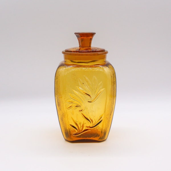 Vintage Amber Glass LE Smith Sand Scroll LARGE Canister | Retro Kitchen Cookie Jar| Mid Century Decor| Golden Yellow Glass Storage Container