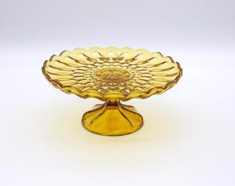 Vintage Anchor Hocking Amber "Fairfield" Cake Stand |  Scallop Edge Cake Plate | Colorful Glassware | Retro Display Stand