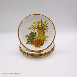 May include: Set of vintage ceramic plates with a speckled white background and a brown rim. Each plate features a floral design with yellow tulips, red flowers, and green plants in woven baskets. A stack of plates is visible.