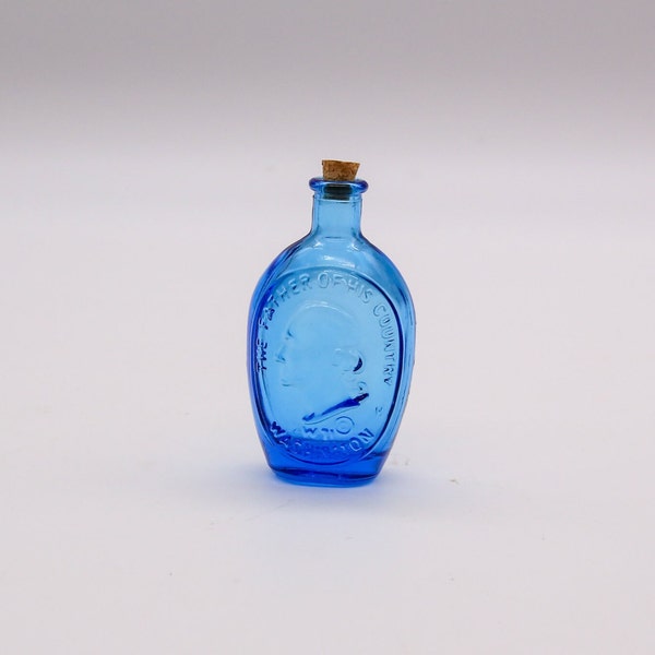 Vintage Blue Glass George Washington 1971 Bitters Bottle |Miniature Liquor Bottle | Retro Barware| Colorful Glassware| Made by Wheaton Glass