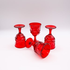 Vintage MCM Fostoria Ruby Red &quot;Argus&quot; Water Glasses | Mid Century Stemware | Red Glassware| Set of Four