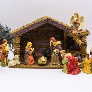 Vintage 18 Piece Hand Painted Ceramic Christmas Nativity Set with Rustic Stable| Creche de Noel| Colorful Manger Scene| MCM Nativity Scene
