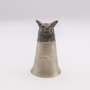 Vintage Fox or Wolf Head Pewter Stirrup Cup | MCM Barware | Equestrian Hunting Goblet | Unique and Unusual Bar Cart Giftware
