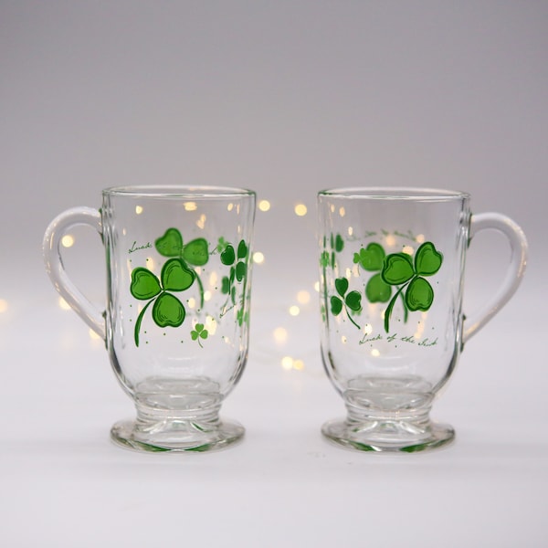 Vintage St. Patrick's Day  Luck of the Irish Shamrock Clear Glass Irish Coffee Mugs; Set of Two