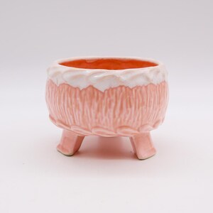 May include: A pink ceramic planter with a white rim and three legs. The planter has a textured surface that resembles fur.