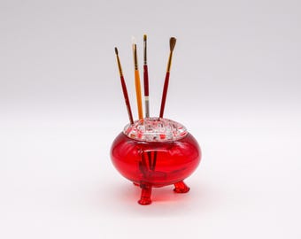 Vintage Viking Red Glass "Flowerlite" Vase | Retro Floral Frog and Candle Holder