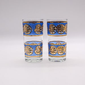 Vintage MCM Starlyte Blue and Gold Shell Motif Highballs | Mid Century Barware | Gilded Cocktail Glasses | Retro Modern Bar Cart Glassware