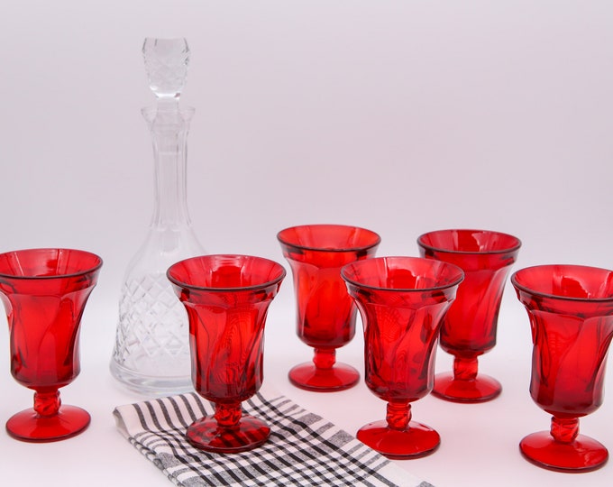 Vintage MCM Ruby Red Glass Stemmed Ice Tea or Cocktail Glasses in