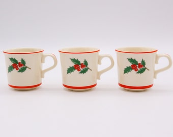 Vintage Taylor Smith & Taylor Holly and Spruce Red Trim Christmas Coffee Mugs/Tea Cups | Holiday Entertaining | Festive Kitchen and Dining