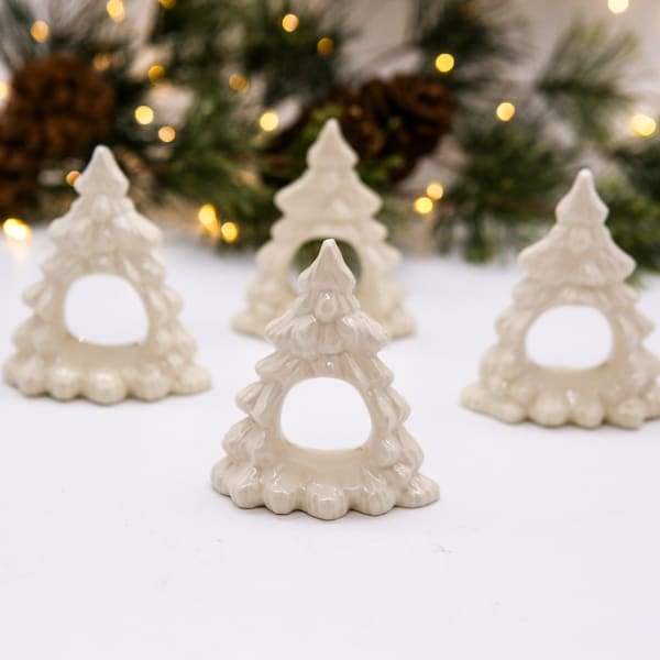 Charming Vintage Ivory /Off White Christmas Tree Napkin Rings| Folk Art Napkin Rings |Hand Made Napkin Holders| Cottagecore | Set of Four
