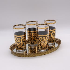 Vintage Culver LTD "Ebony Baroque" Highballs |22K Gold Embellished Cocktail Glasses |Luxury Bar Cart |Black and Gold Glassware|Regency Style