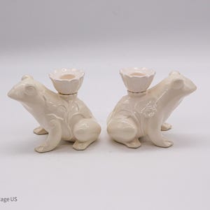 May include: Two off-white ceramic frog candle holders. Each frog has a detailed floral design on its back and a small, flower-shaped candle cup. The candle holders are a unique decorative item.