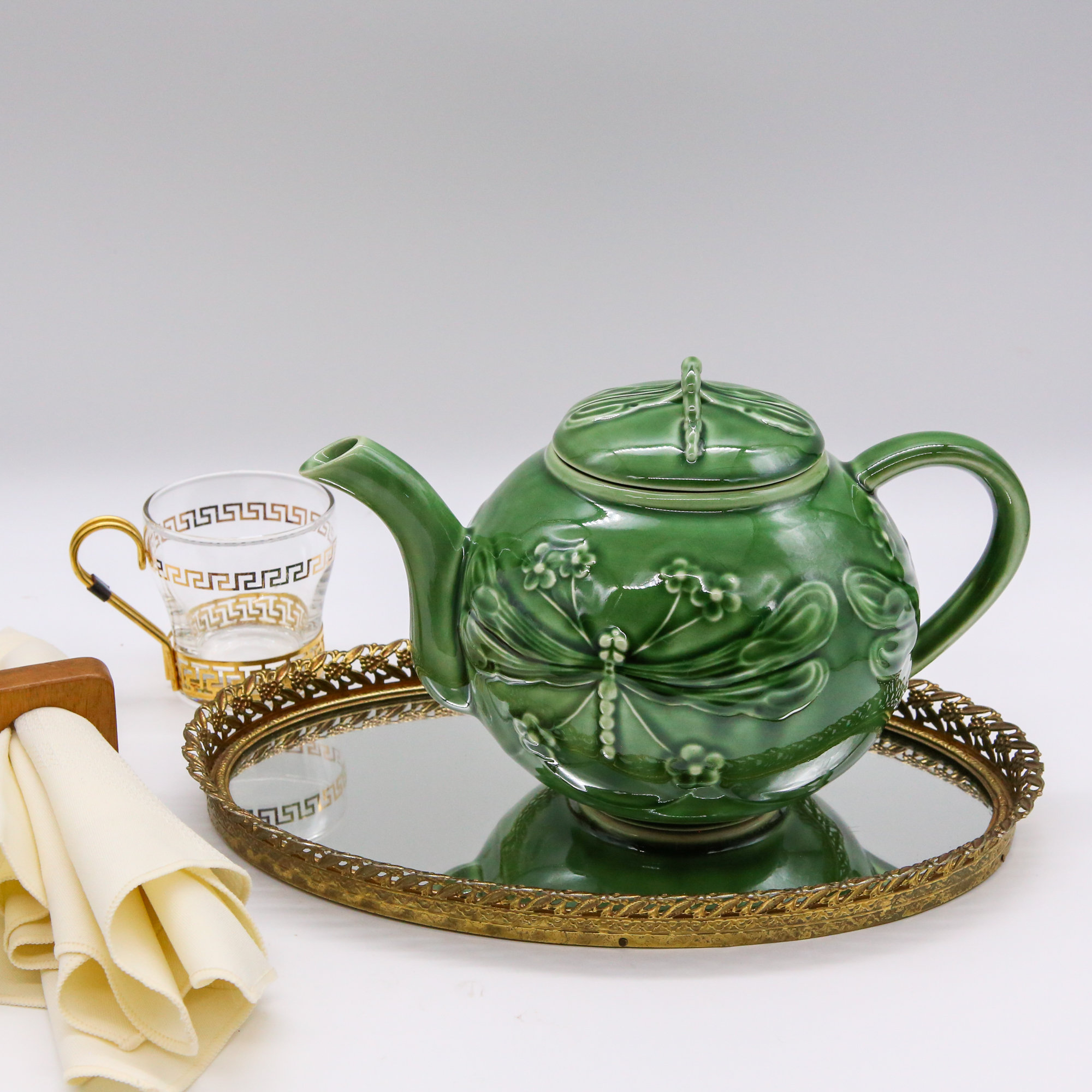 Vintage Bordallo Pinheiro Green Dragonfly Teapot | Nature Inspired