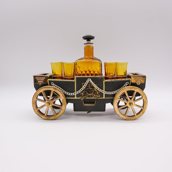 Vintage Golden Crown Musical Carriage Decanter Shots and Playing Card Caddy| Mid Century Barware| Tabletop Bar Set| Unique Mini Bar