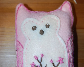 Handmade Embroidered Owl with Cherry Blossom Detail