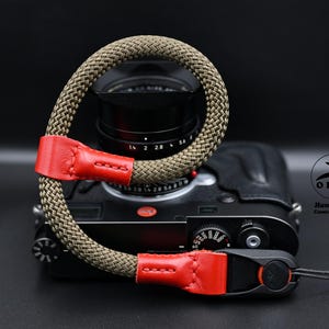 NEW DESIGN Wrist Khaki Army Brown Rope Red Leather Design HandMade Sturdy High Quality Rope Camera Strap