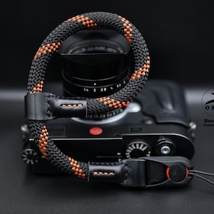 NEW DESIGN Wrist Black Orange Rope Black Leather Design HandMade Sturdy High Quality Rope Camera Strap
