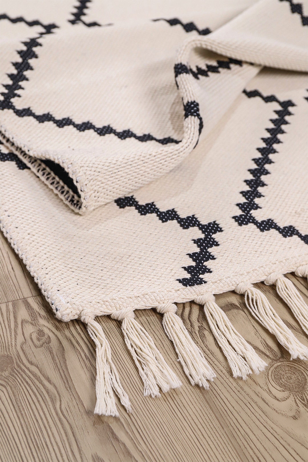 Cotton Flatweave Rug Machine Washable Small Rug Bath/shower Mat Black