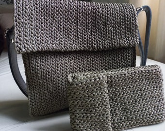 Crocheted bag + crocheted case for phone in GREEN Khaki color