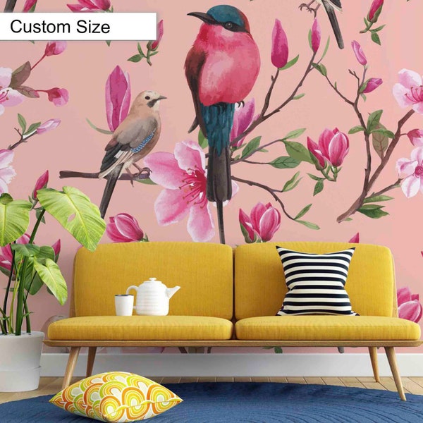 Pink Wallpaper, Birds Wallpaper, Lily Flowers, Wallpaper, Chinoiserie wallpaper, Peel and Stick, Removable Wallpaper, Botanical wallpaper