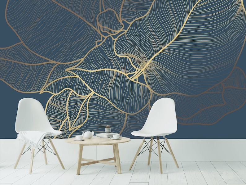 Gold Leaf Wallpaper Dark Wallpaper Gold Exotic Leaves Wall Etsy Australia