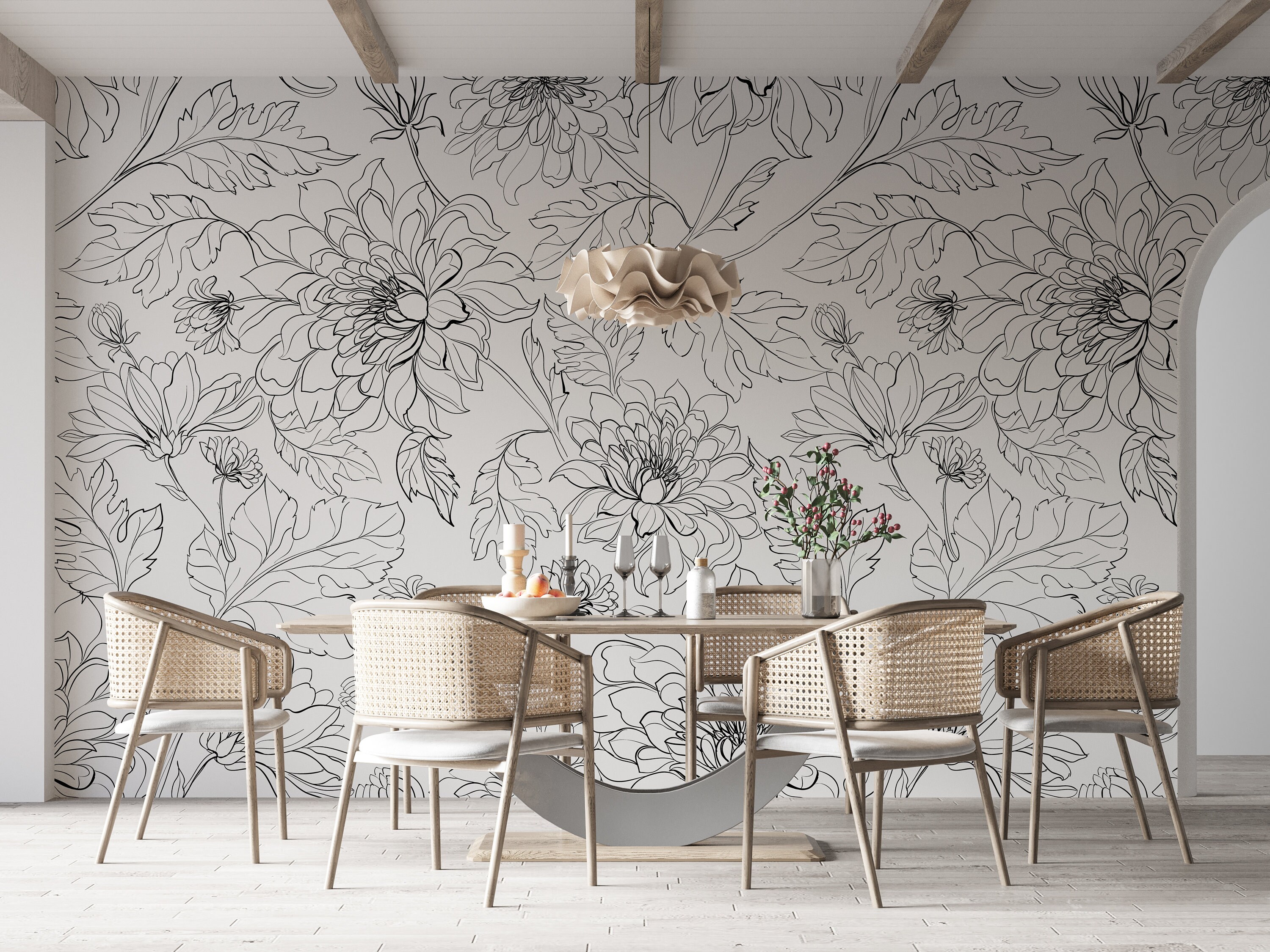 Line Flower Wallpaper Floral Wall Mural Black Flower Wall Etsy