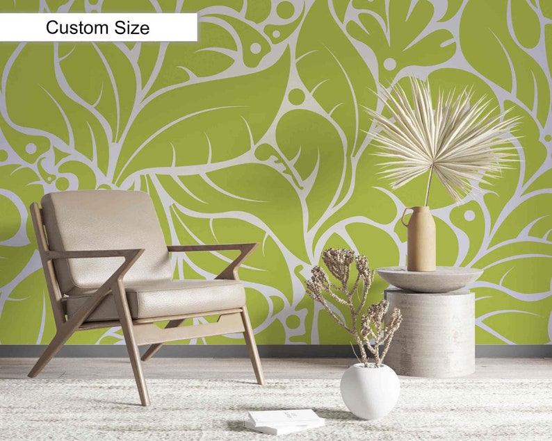 Green Abstract Wallpaper Magical Leaves Print Wallpaper Etsy