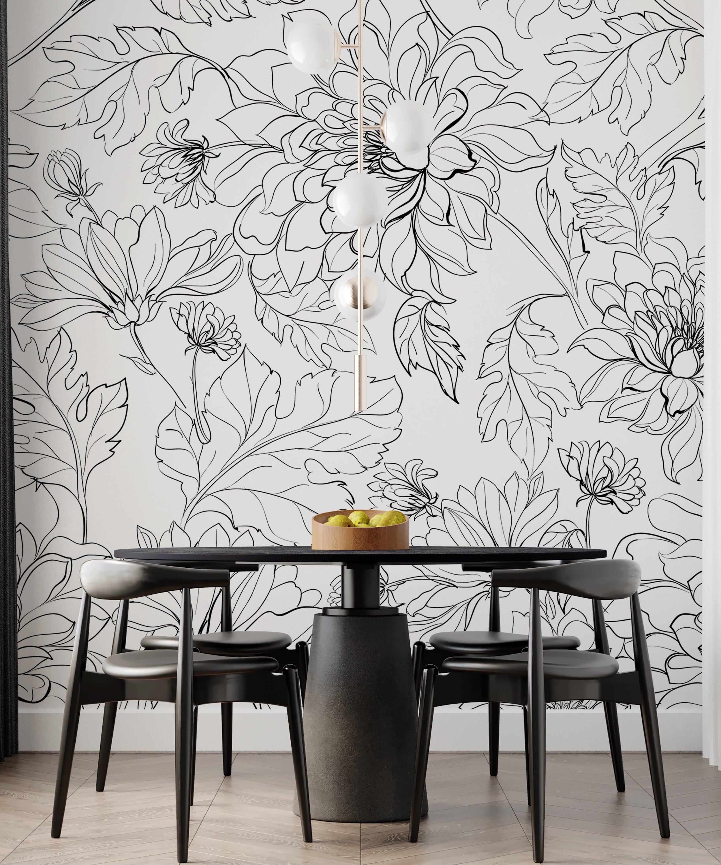 Line Flower Wallpaper Floral Wall Mural Black Flower Wall Etsy
