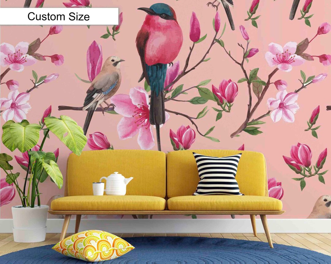Pink Wallpaper Birds Wallpaper Lily Flowers Wallpaper Etsy