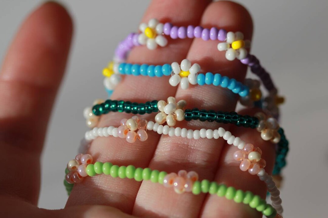 Hand Beaded Flower Bracelet, Sunflower Beaded Bracelet, Granola Girl