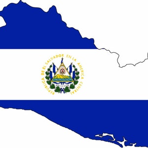 May include: An outline of El Salvador in the shape of the country with the El Salvador flag colors: blue, white, and blue. The flag has the national coat of arms in the center, which features a triangle with a mountain range and a rising sun. The text on the coat of arms reads "REPUBLICA DE EL SALVADOR EN LA AMERICA CENTRAL".