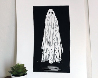Spooky Sheet Ghost - impresión original de linocut prensado a mano