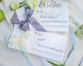 Tarjetas para mi esposo y mi esposa en el día de nuestra boda con cinta de seda