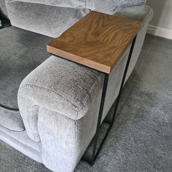 Oak and Metal Sofa Side Table | Industrial Living Room Furniture | Bespoke Settee Drink Holder | For Home Decor Interior Design | Gifts Him