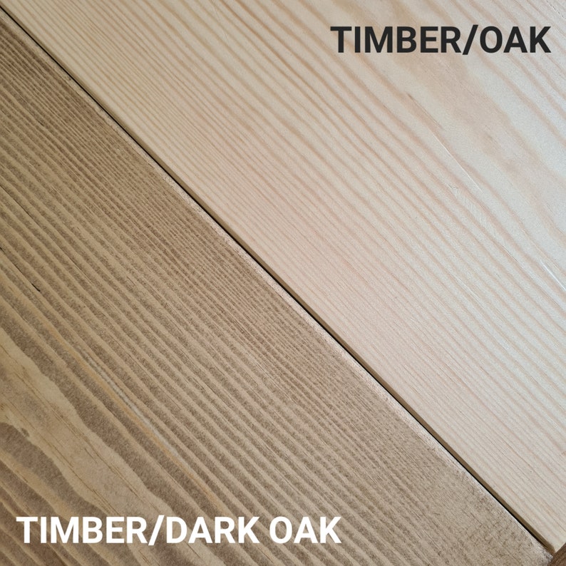 May include: A diagonal split image showcasing two wood samples. One is light-colored, labeled "TIMBER/OAK," and the other is darker, labeled "TIMBER/DARK OAK." The wood grain is visible, highlighting the natural texture and color variations.
