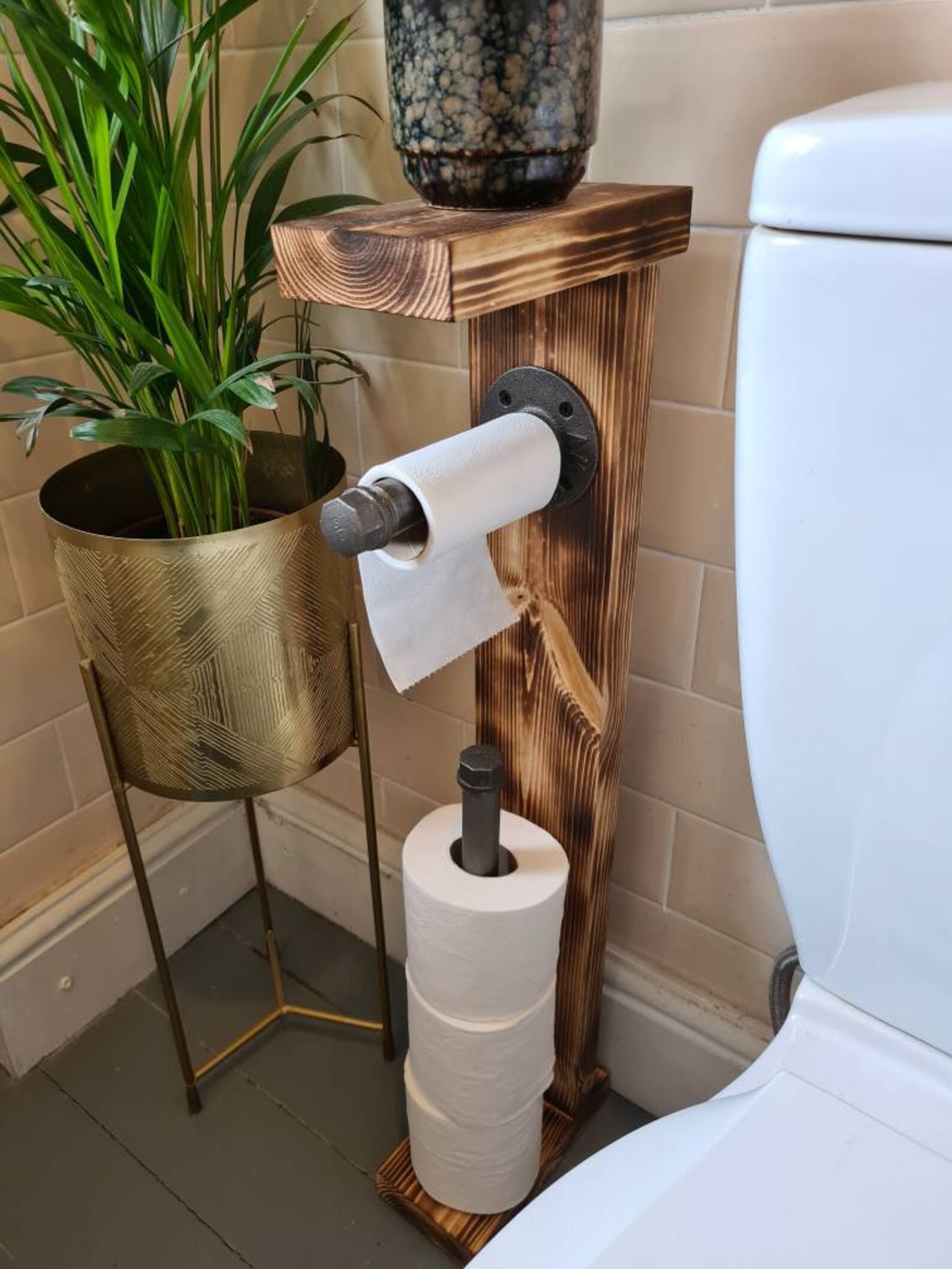 Wooden Metal Toilet Roll Holder and Shelf Wood Malleable Etsy