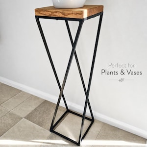 Geometric Plant Stand Side Table | Art Deco Oak & Steel Display Stand | Handmade Indoor Plant Table