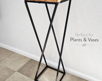 Geometric Plant Stand Side Table | Art Deco Oak & Steel Display Stand | Handmade Indoor Plant Table
