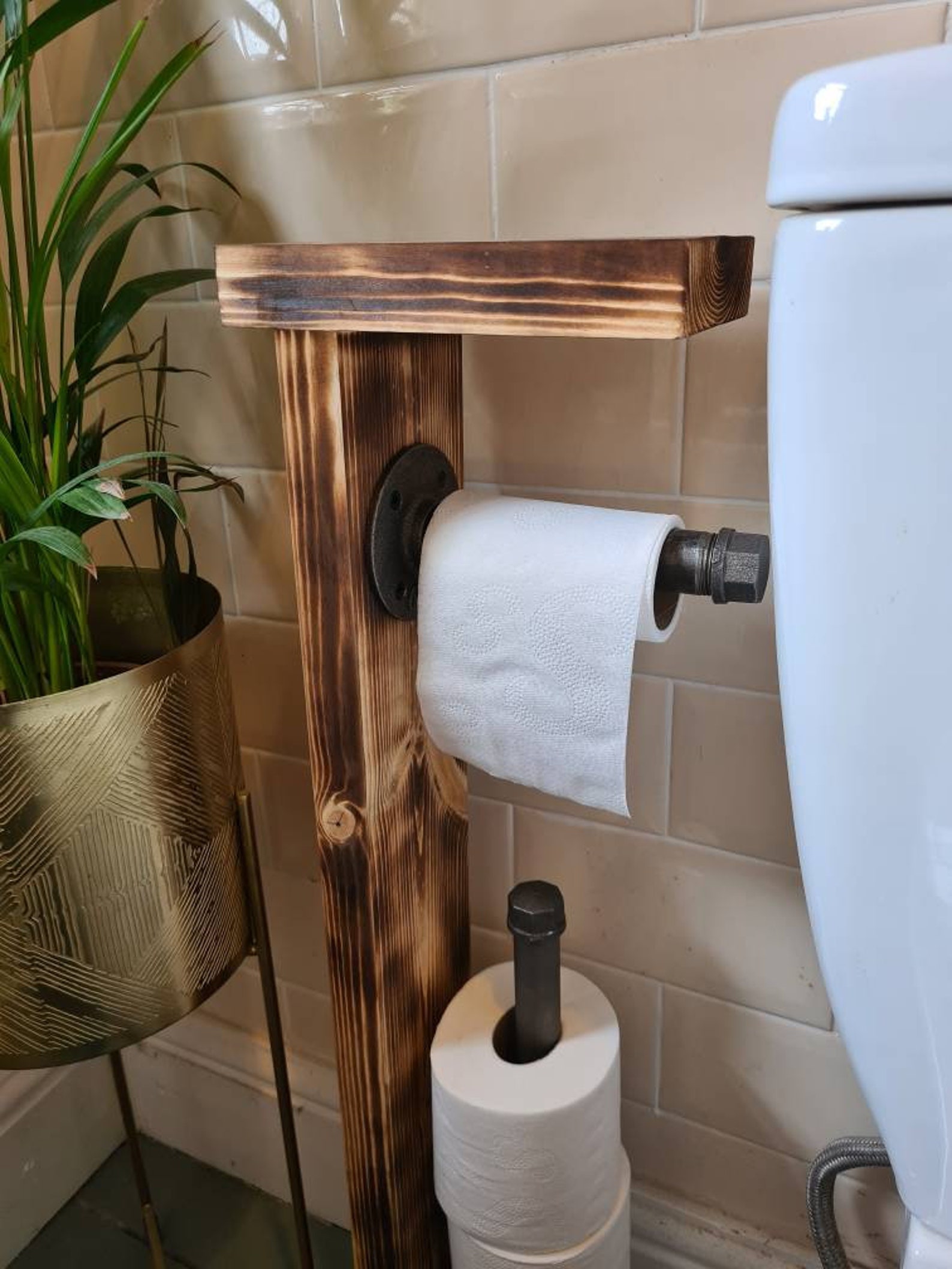 Wooden Metal Toilet Roll Holder and Shelf Wood Malleable Etsy
