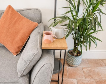 Sofa Side Table Made to Fit Your Sofa | Oak & Steel Over Arm Table | Handmade UK Furniture