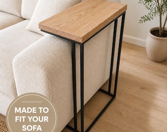 Sofa Side Table Over Arm | Industrial Oak & Steel | Handmade Couch Drink Holder | Custom Size C Table