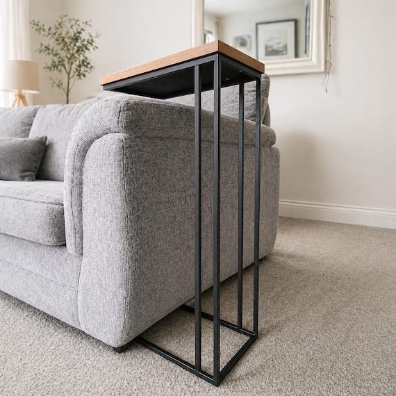 Solid Metal Sofa Side Table | Industrial Oak Top Drink Holder