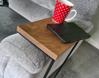 Sofa End Table Over Arm | Oak & Steel Side Table | Handmade Couch Drink Holder | Custom Size C Table