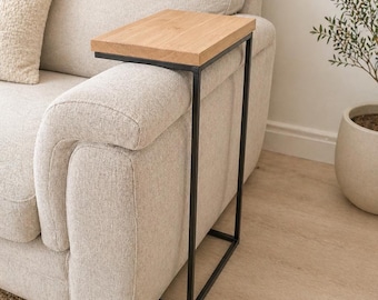 Oak and Metal Sofa Side Table | Industrial Living Room Furniture | Bespoke C Table | Gift