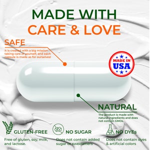 Pode incluir: Uma c&aacute;psula branca com o texto "Made in USA" em um fundo branco. O texto "Safe, Natural, Gluten-Free, No Sugar, No Dyes" tamb&eacute;m &eacute; vis&iacute;vel.