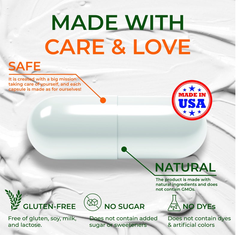 Pode incluir: Uma c&aacute;psula branca com o texto "Made in USA" em um fundo branco. O texto "Safe, Natural, Gluten-Free, No Sugar, No Dyes" tamb&eacute;m &eacute; vis&iacute;vel.