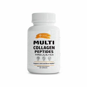 May include: A white bottle of Multi Collagen Peptides dietary supplements. The label features the brand name "SIRUNES" and product details, including types I, II, III, V & X. The bottle contains 100 capsules and supports joint and bone health.